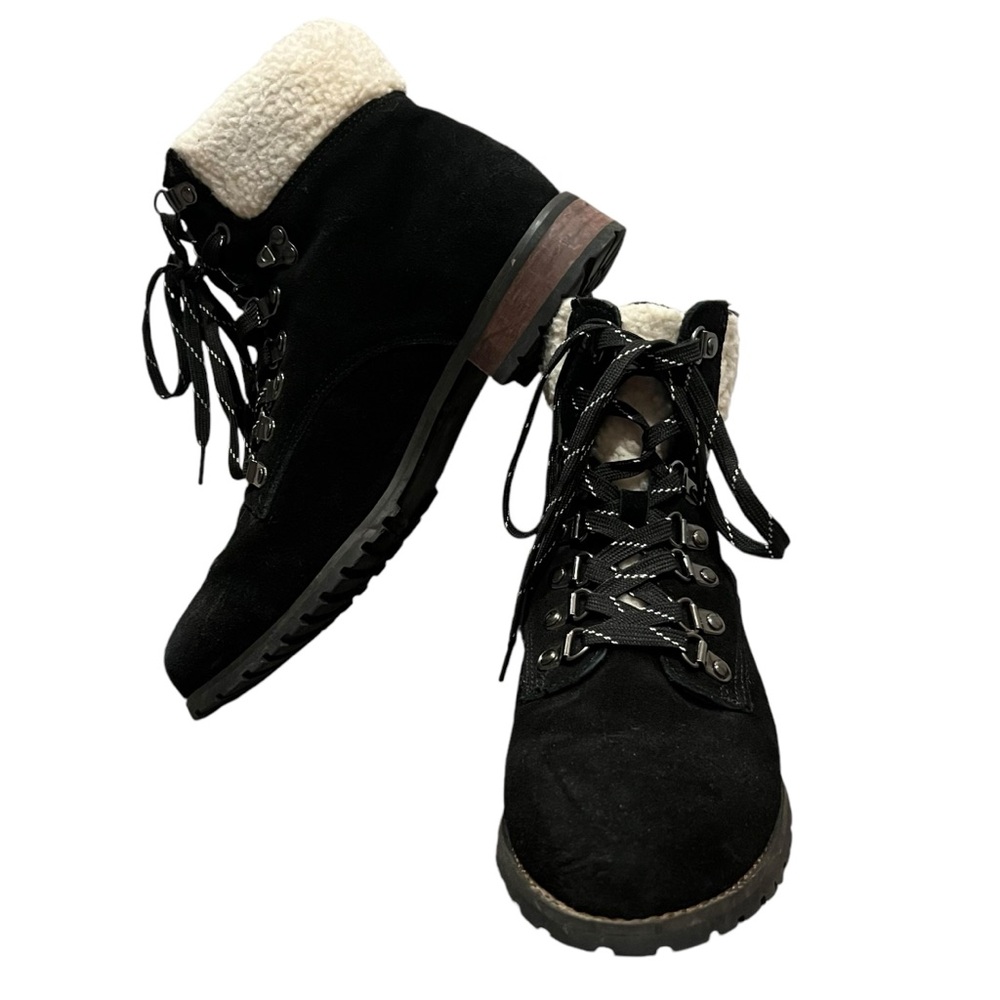 Bohme Winter Booties Sherpa Black Suede lace up fleece lined size 10 warm shoe